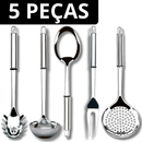 Kit Utensílios de Cozinha Inox – Colher de Arroz, Concha, Escumadeira, Pegador e Garfo
