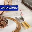 Conjunto Jogo de Talheres Facas Garfos Colher e Colheres de Sobremesa Aço Inox de Cabo Plástico Bambu
