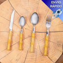Conjunto Jogo de Talheres Facas Garfos Colher e Colheres de Sobremesa Aço Inox de Cabo Plástico Bambu