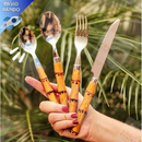 Conjunto Jogo de Talheres Facas Garfos Colher e Colheres de Sobremesa Aço Inox de Cabo Plástico Bambu