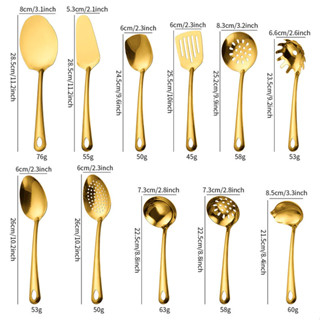 Kit 11 Peças Utensílios de Cozinha Dourado - Espátula Colher Concha Escumadeira Pegador de Pizza