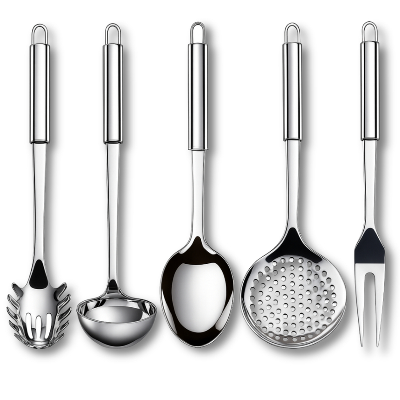 Utensílios de Cozinha em Aço Inox Colher De Arroz Concha Escumadeira Pegador de Massa e Garfo