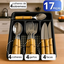Conjunto Jogo de Talheres Facas Garfos Colher e Colheres de Sobremesa Aço Inox de Cabo Plástico Bambu